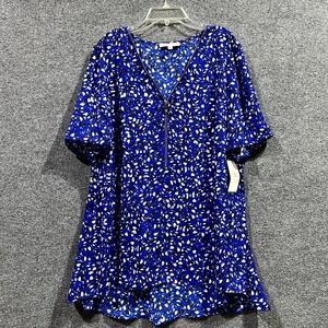 Chaus New York Blouse Womens XL Wild Blue White Ditsy Floral Preppy Zip Front